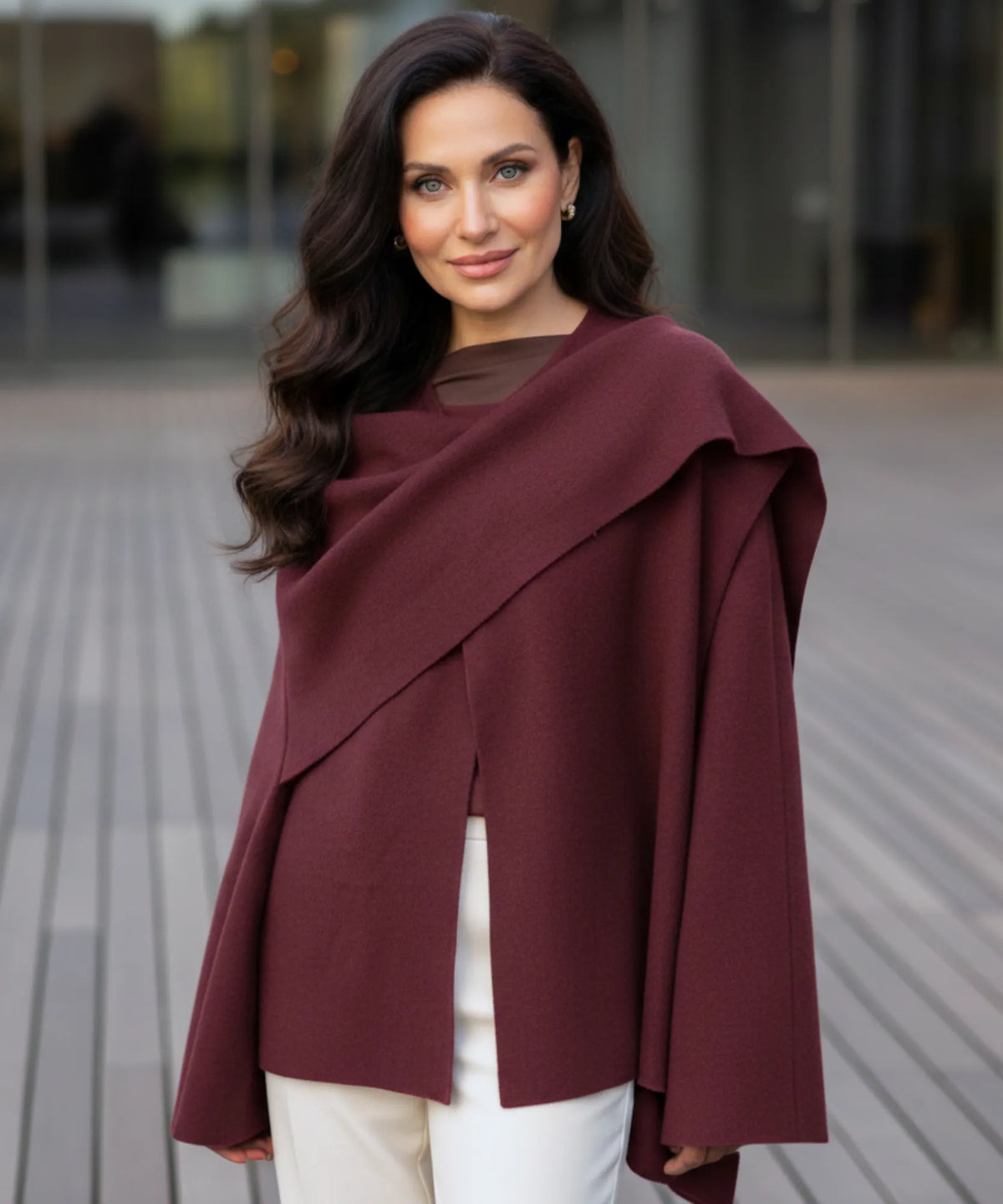 Women's brushed wool coat in burgundy worn casually with jeans
