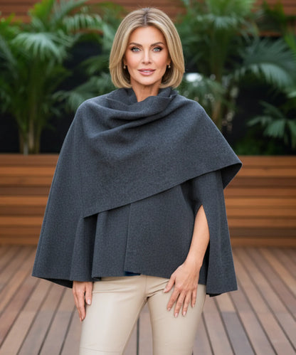 Shawl collar detail on women's oversized wool coat in charcoal