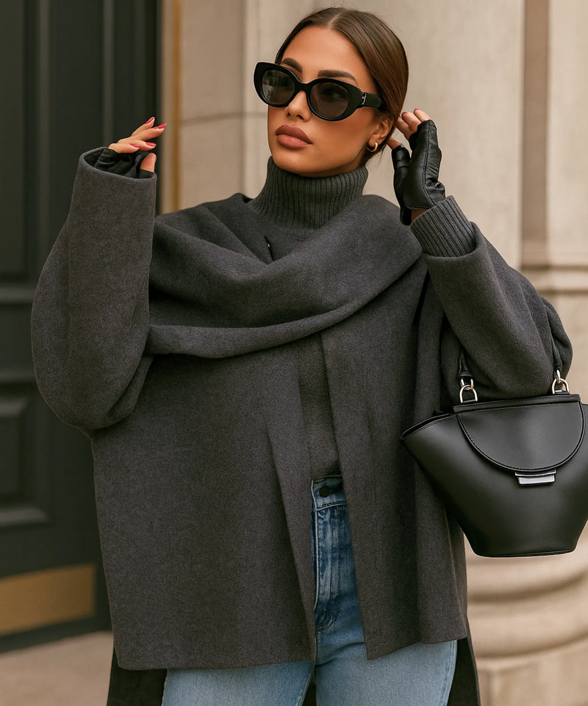 Women's heavyweight knit wool coat in taupe with shawl collar