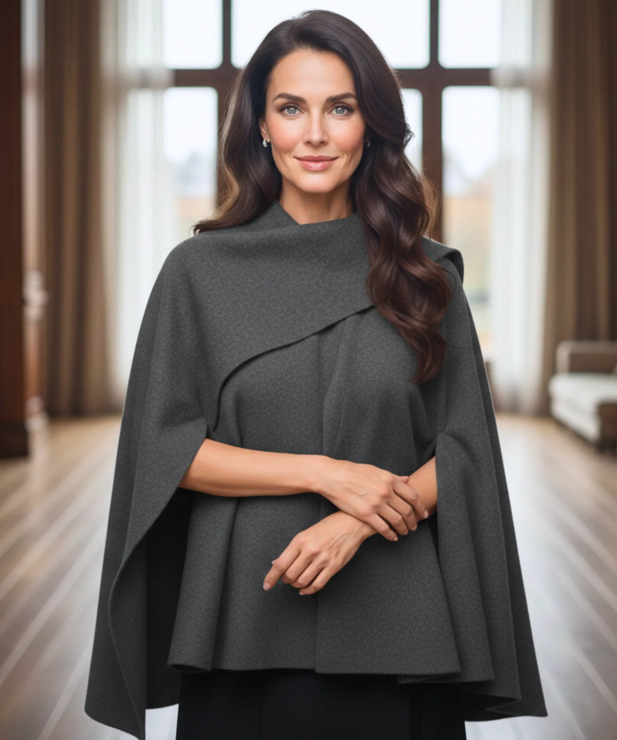 Elara wool coat in charcoal draped over shoulders with shawl collar