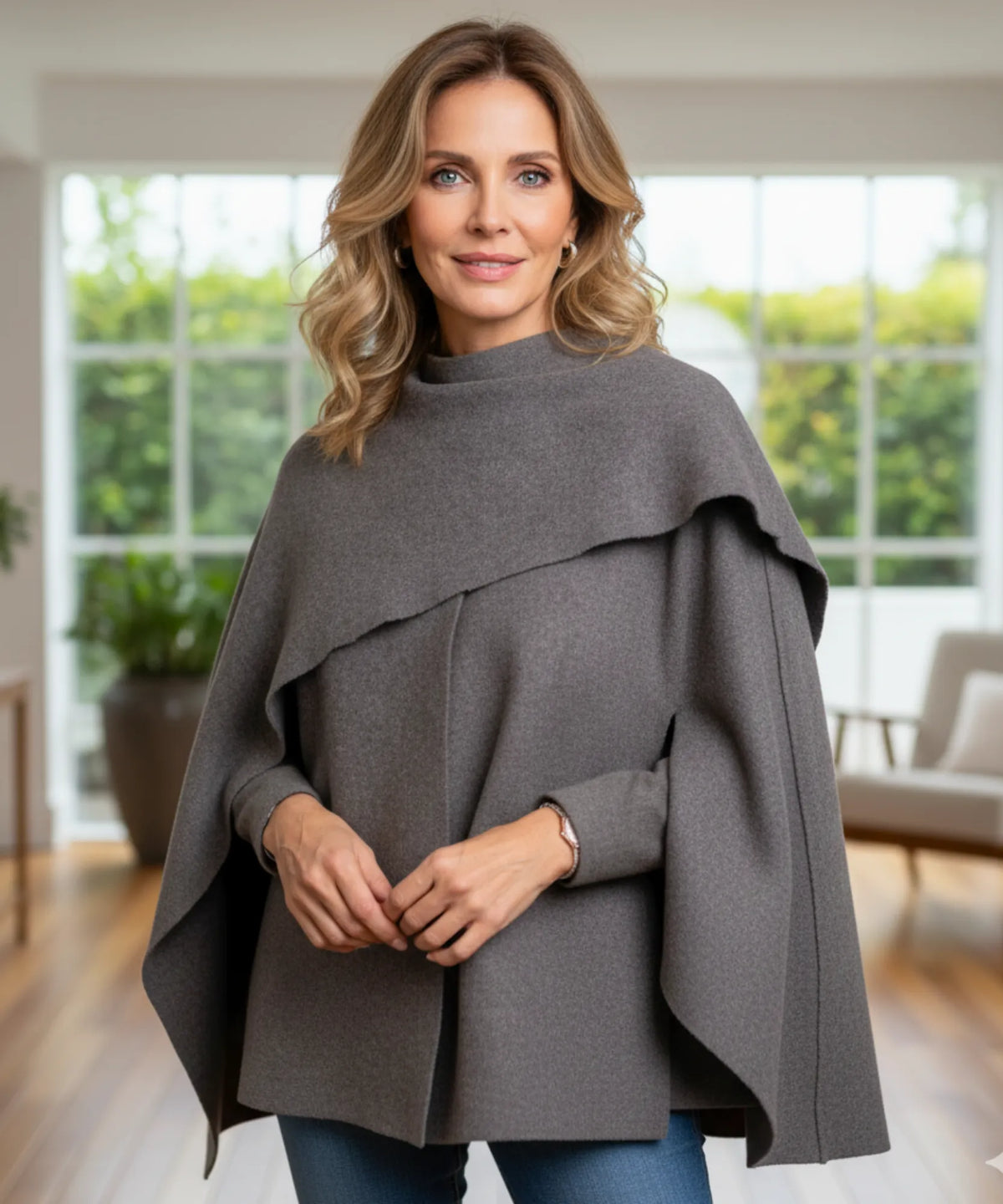 Full-length view of women's wool wrap coat in taupe