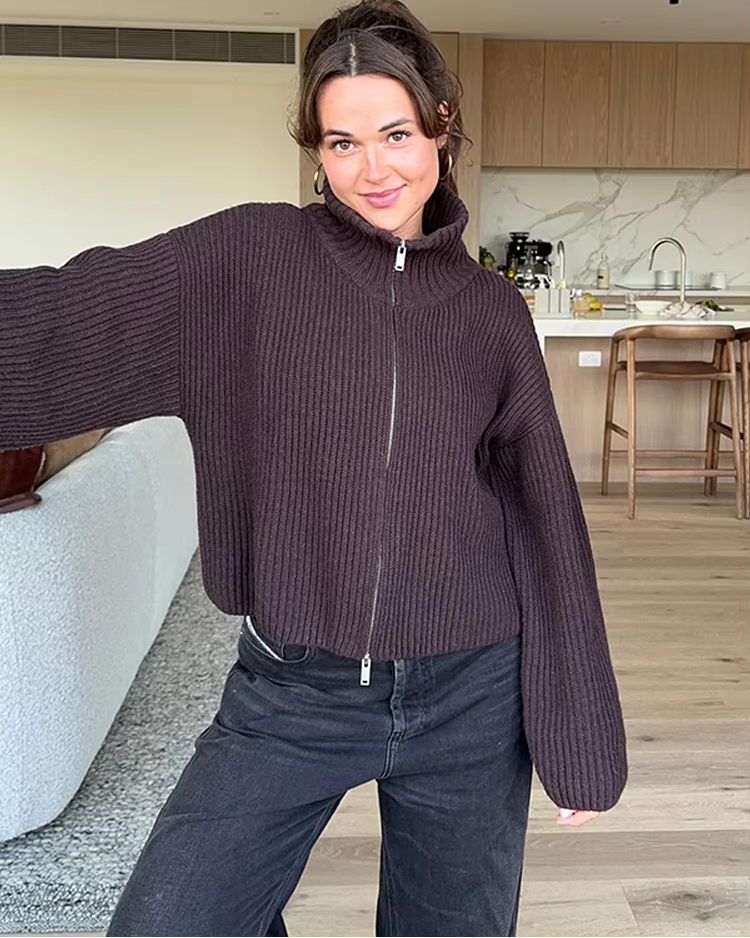 Women's turtleneck sweater in brown with ribbed texture, front view