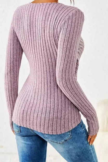 Women's stretch ribbed V-neck wrap top in blue casual outfit