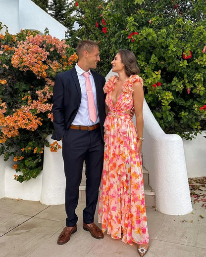 Women's pink floral maxi dress full-length side view