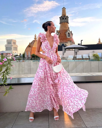 Detail shot of floral print pattern on lightweight maxi dress