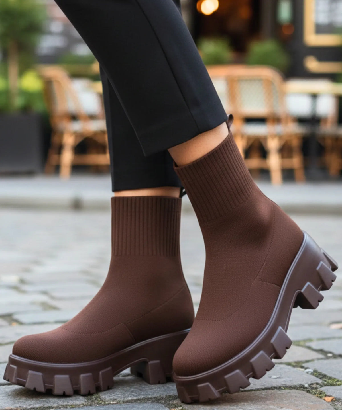 Fiona women's stretch knit sock boot with chunky lug sole in chocolate brown