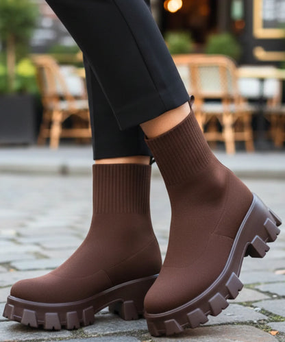 Fiona women's stretch knit sock boot with chunky lug sole in chocolate brown