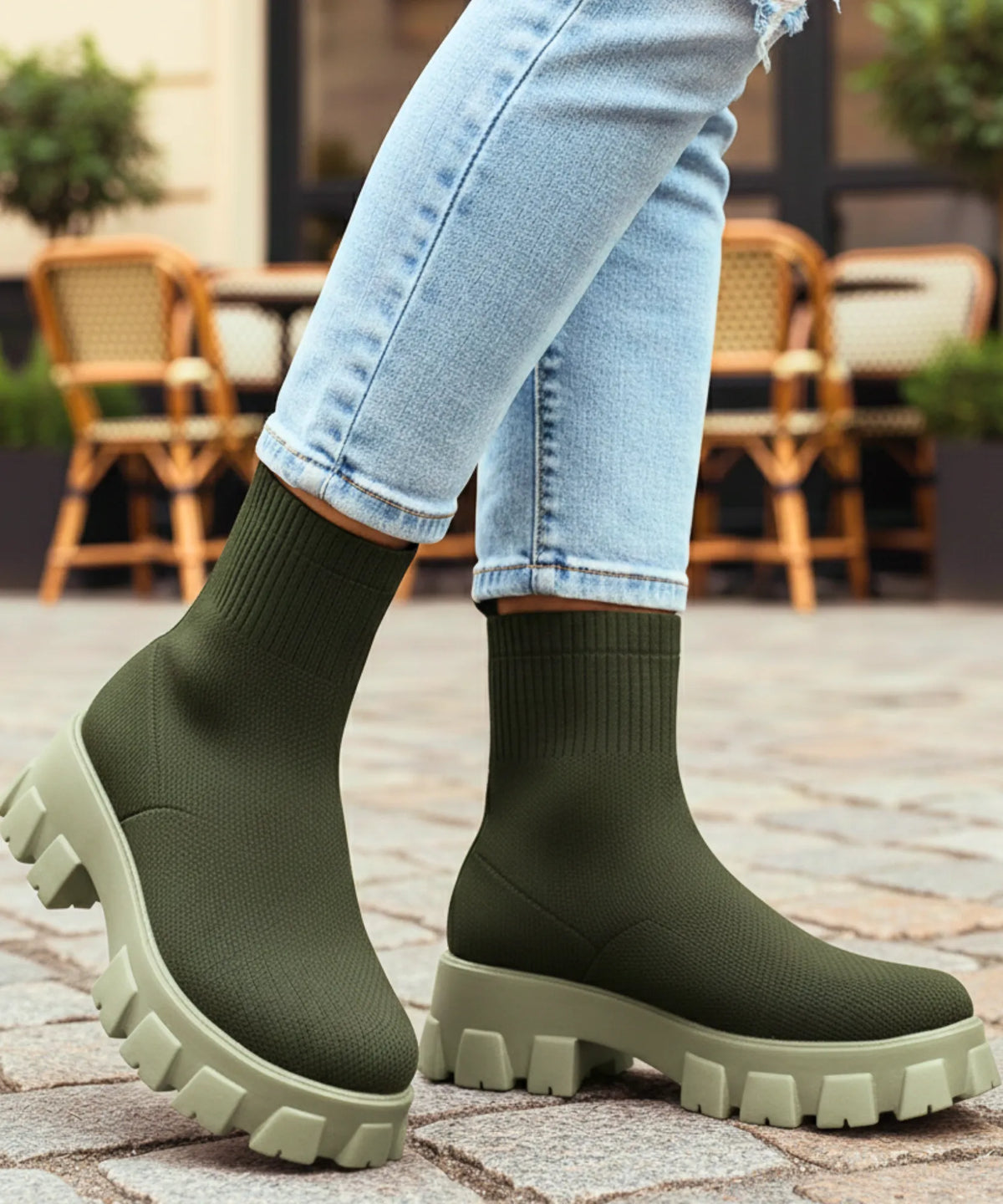 Pair of women's stretch knit boots showing tonal colourway design