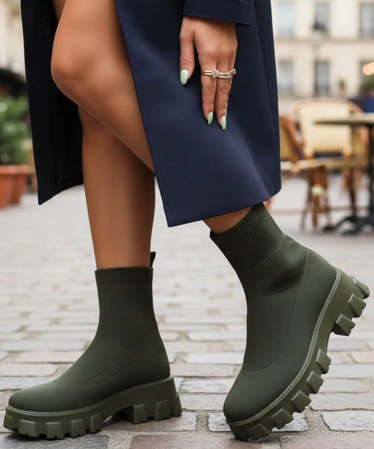 Women's slip-on sock boot with deep-groove rubber lug sole in black