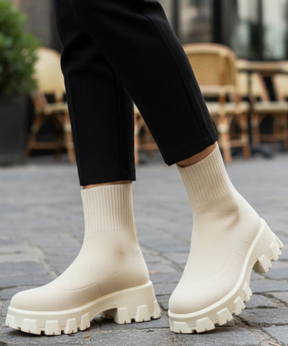 Ivory cream stretch knit sock boot with chunky platform sole for women