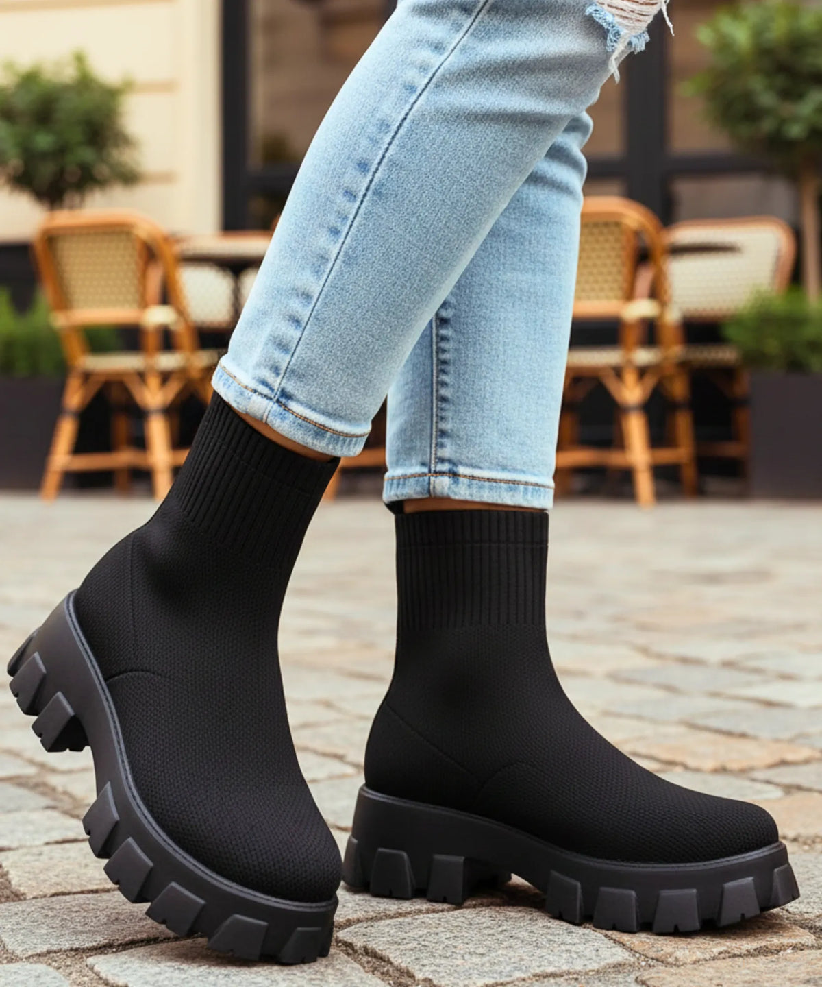 Army green women's knit sock boot with chunky lug sole and mid-calf shaft