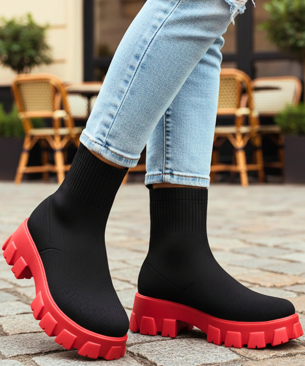 White women's stretch knit sock boot with chunky rubber lug sole