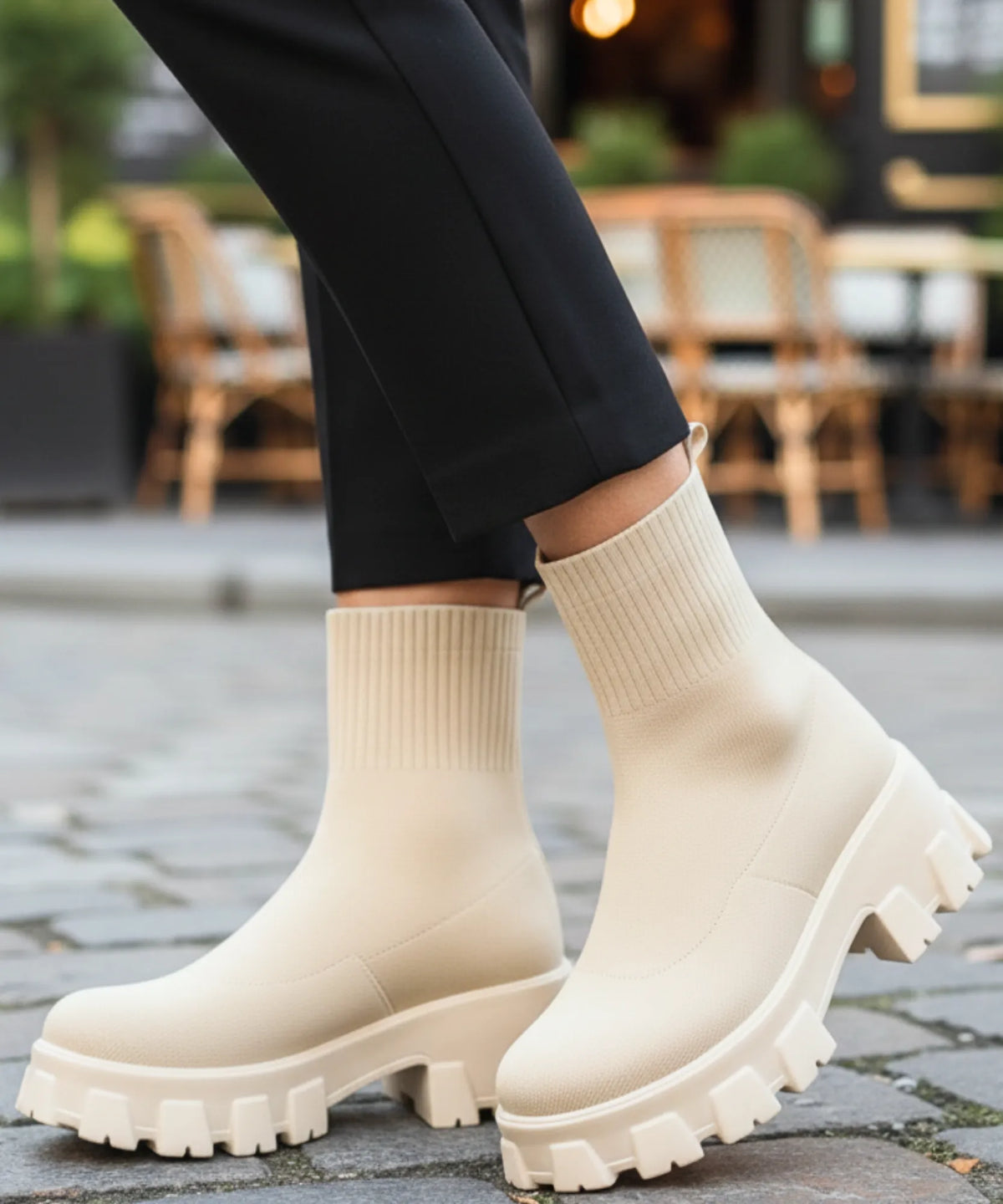 Side profile of women's slip-on sock boot with tonal chunky sole