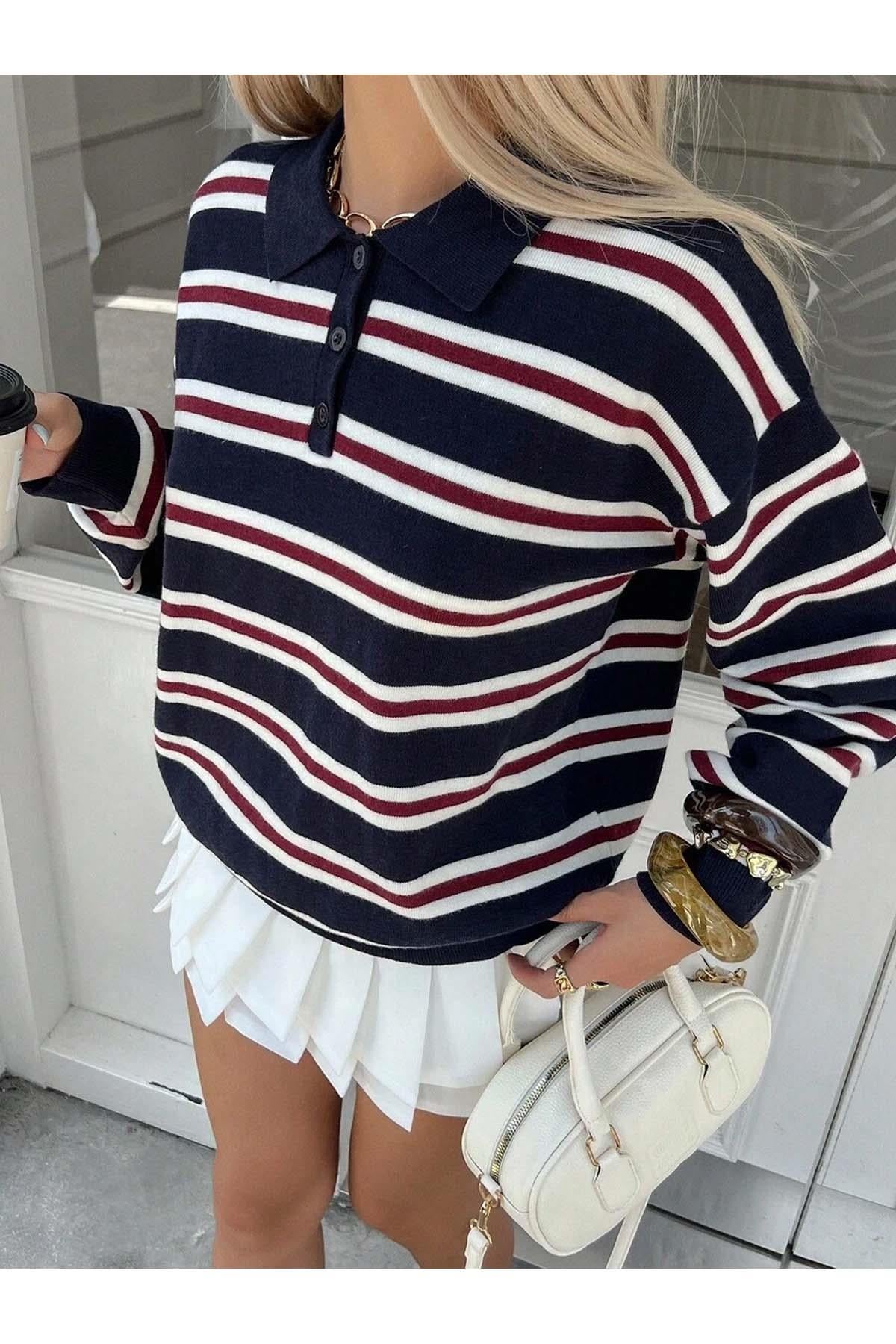 Women's striped polo neck knit jumper in navy blue with button detail