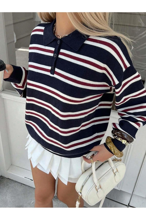 Women's striped polo neck knit jumper in navy blue with button detail