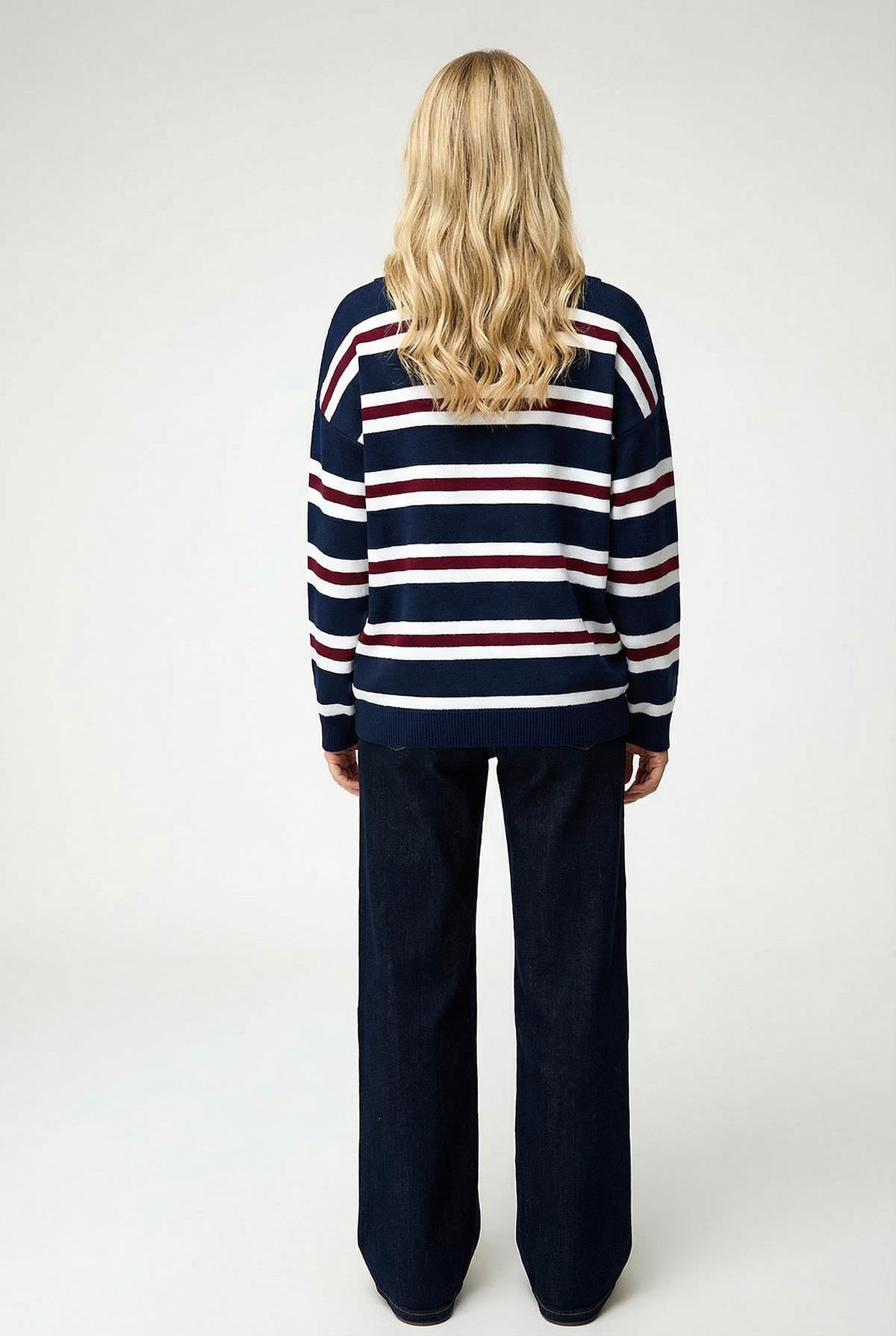 Front view of Maren women's striped knit jumper with polo neckline