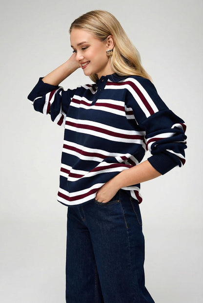 Close-up of button detail on women's navy blue polo neck jumper