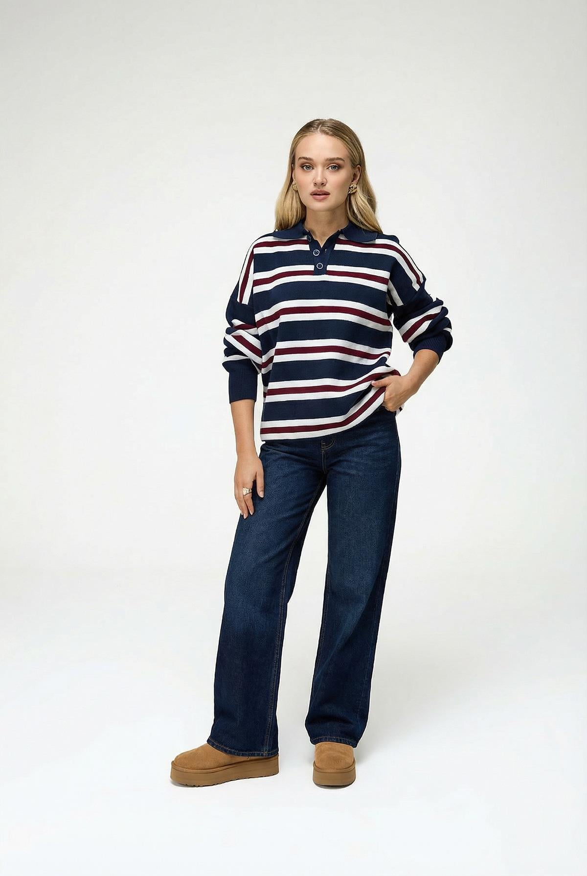 Women's ribbed knit striped jumper with classic fit full length view