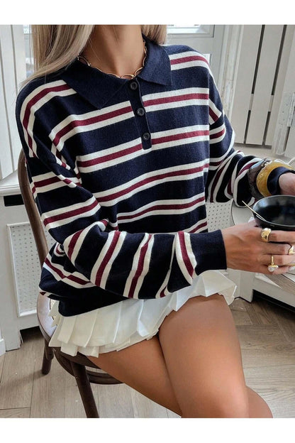 Side view of women's navy striped polo neck knit sweater