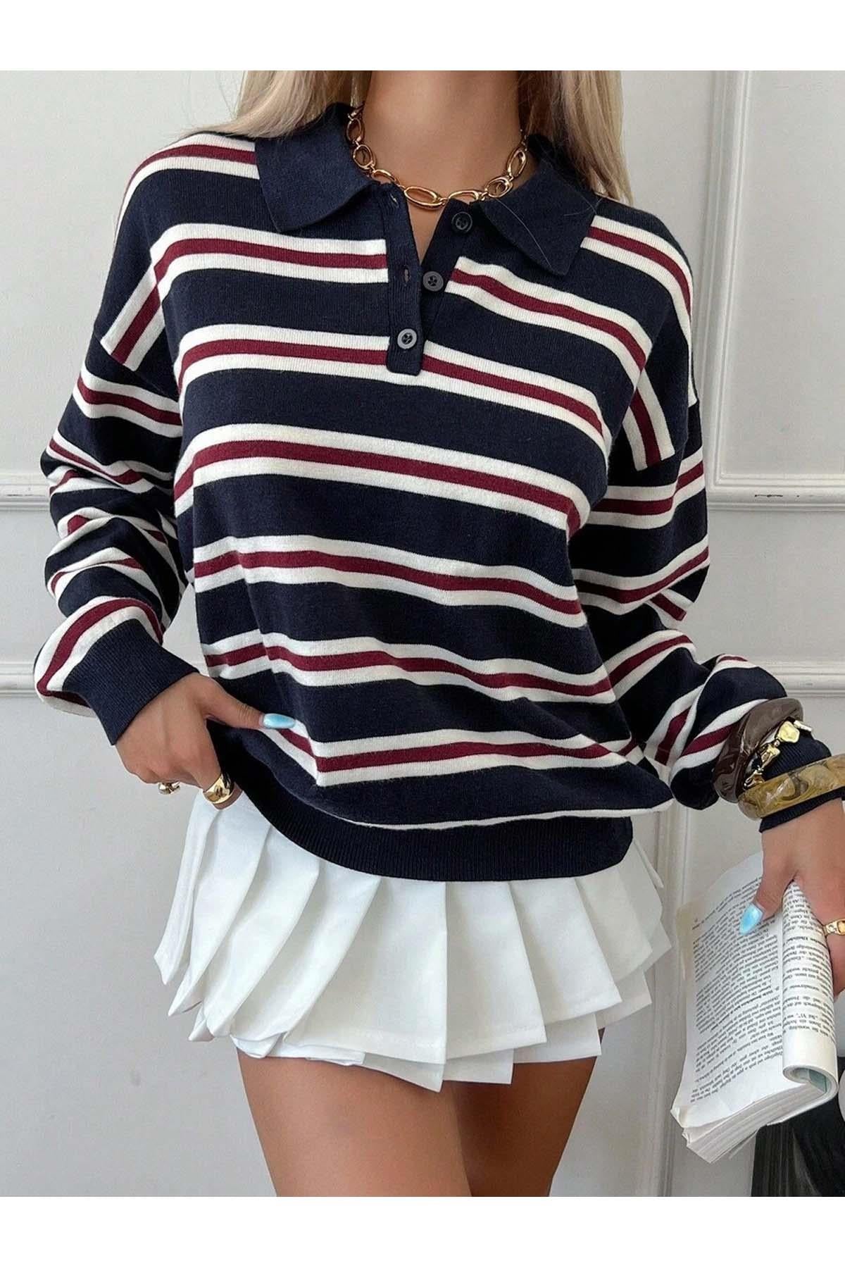 Women's long sleeve polo neck knit jumper in navy blue stripe pattern
