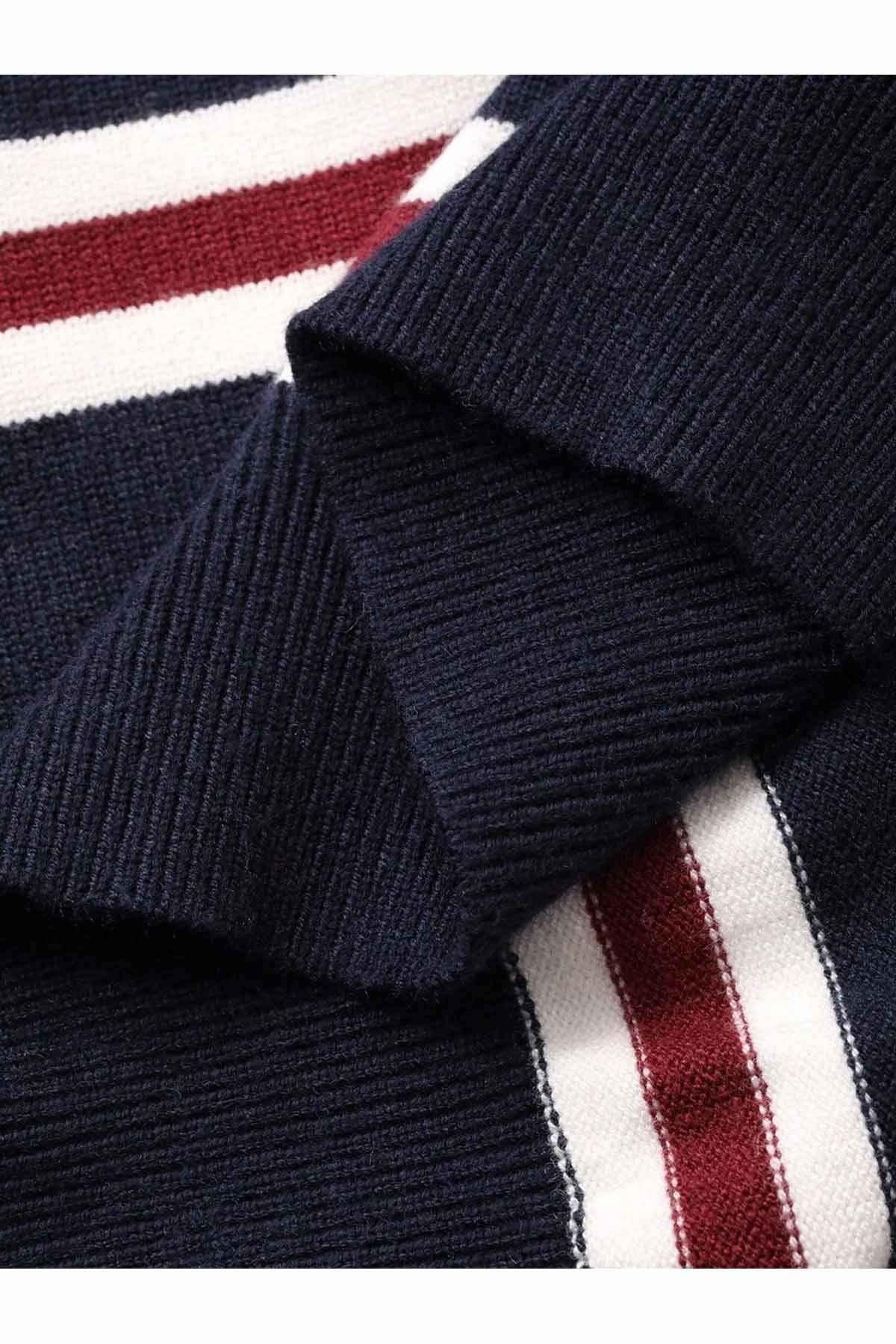 Styled outfit with women's striped polo neck jumper for smart-casual look