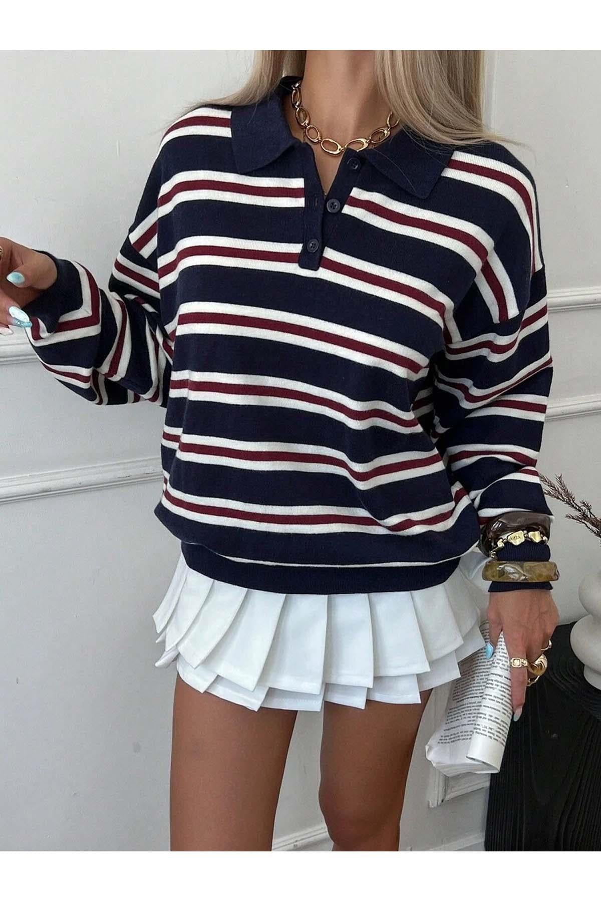 Back view of women's navy striped knit polo neck jumper