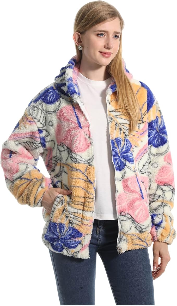 Blossara women's teddy fleece jacket with floral print and attached hood