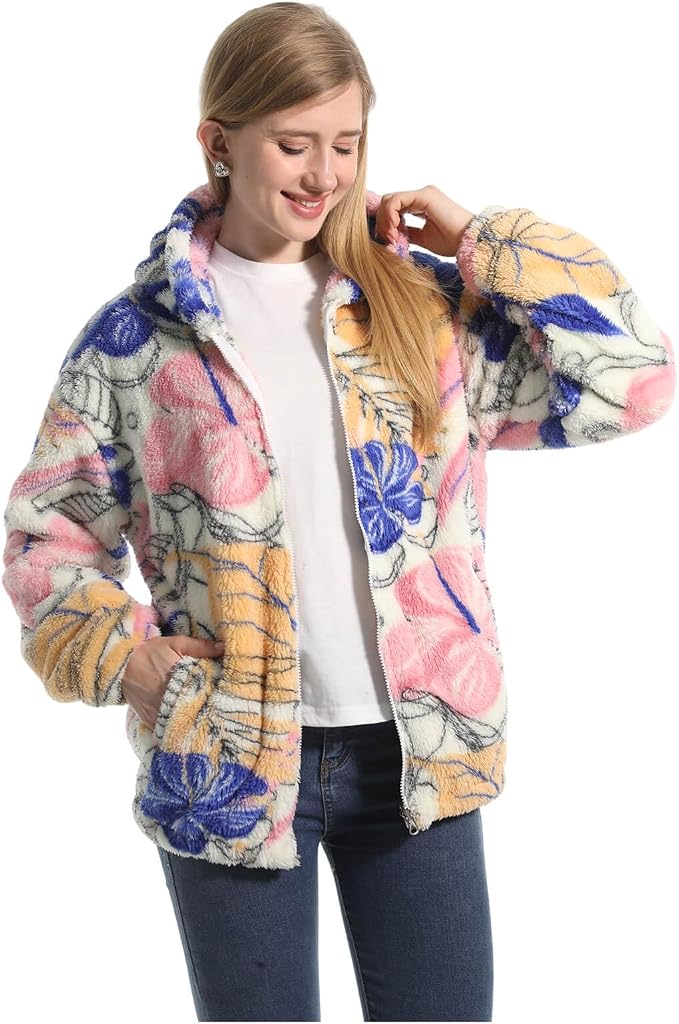 Front view of women's floral teddy fleece zip-up jacket