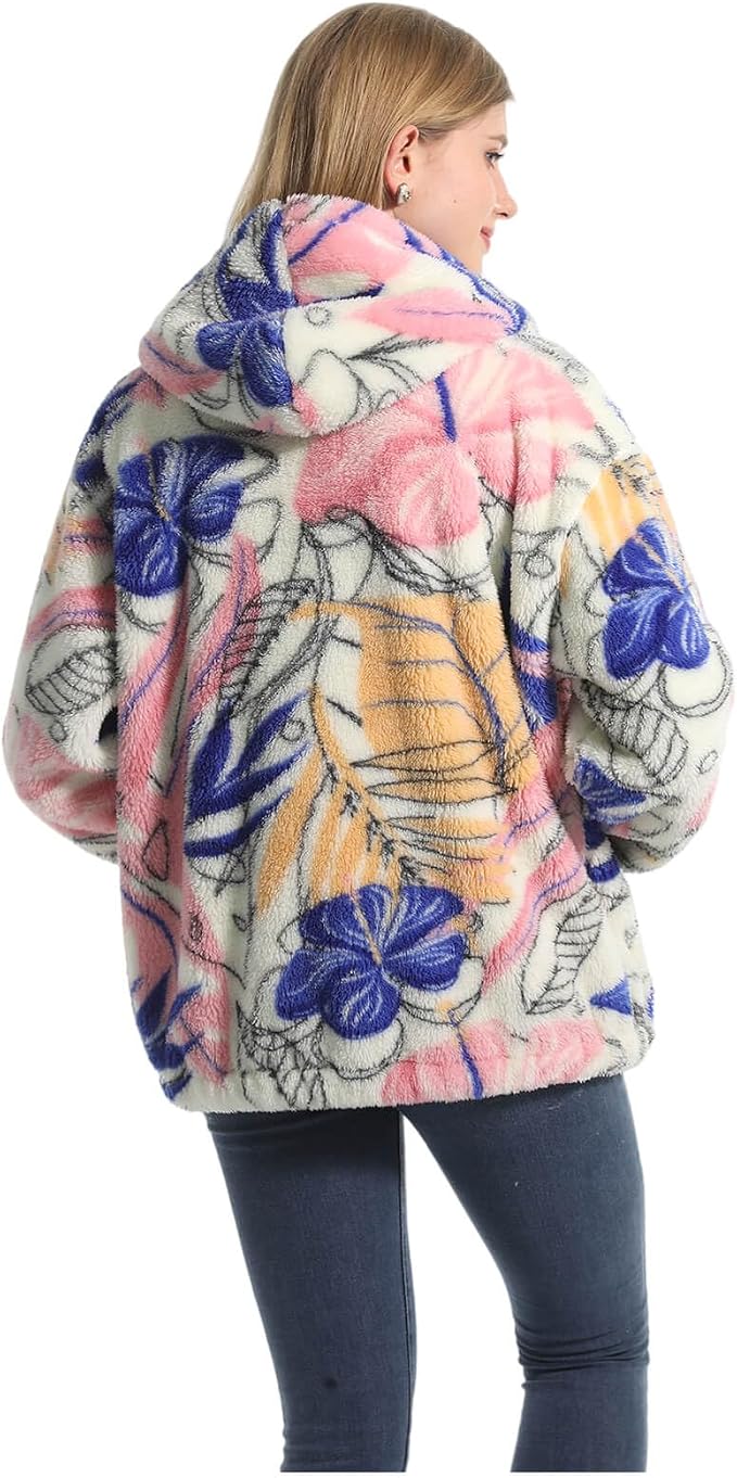 Close-up of floral print on soft teddy fleece fabric