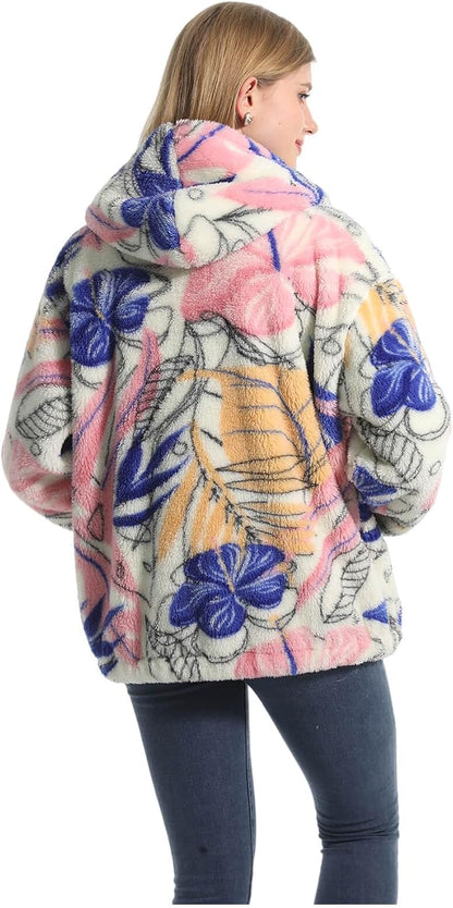 Close-up of floral print on soft teddy fleece fabric