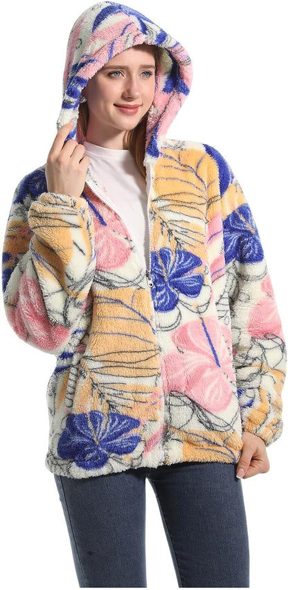 Women's relaxed-fit floral fleece jacket styled with casual basics