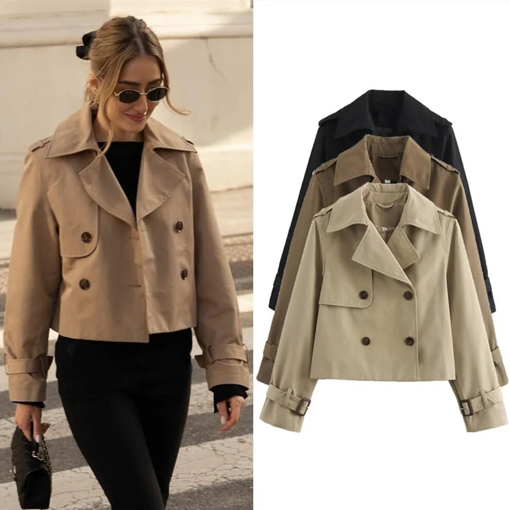 Women's vintage crop jacket in khaki with double-breasted closure
