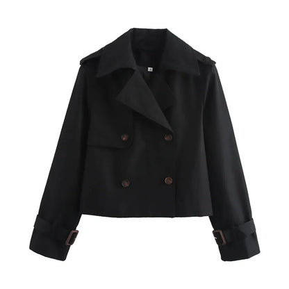 Double-breasted women's jacket in solid brown — contemporary streetwear style