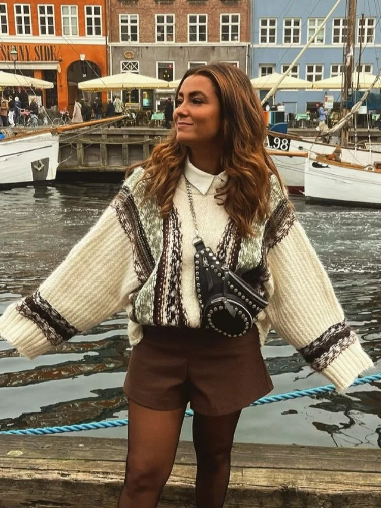 Brielle oversize sweater styled with slim jeans for a cozy winter look