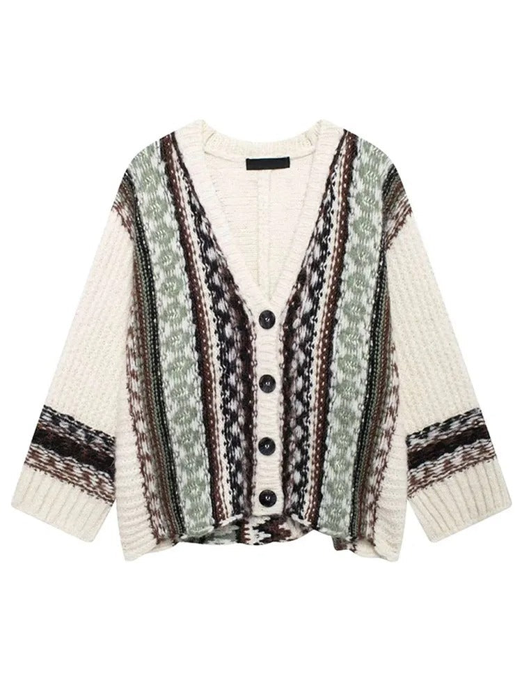 Soft cable knit women's sweater in neutral tone, full-length front view