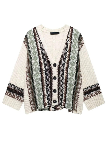 Soft cable knit women's sweater in neutral tone, full-length front view
