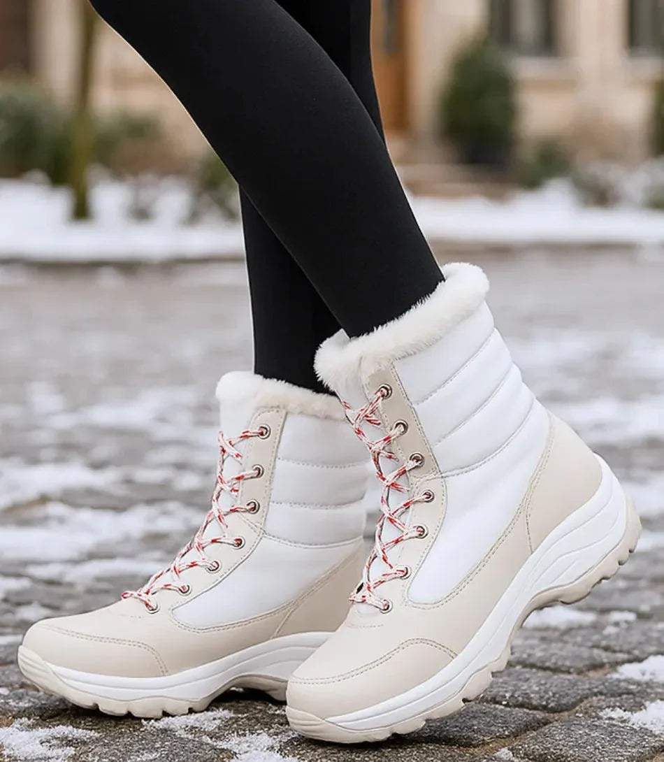 Kira women's waterproof snow boots in black with fur trim collar and lace-up front