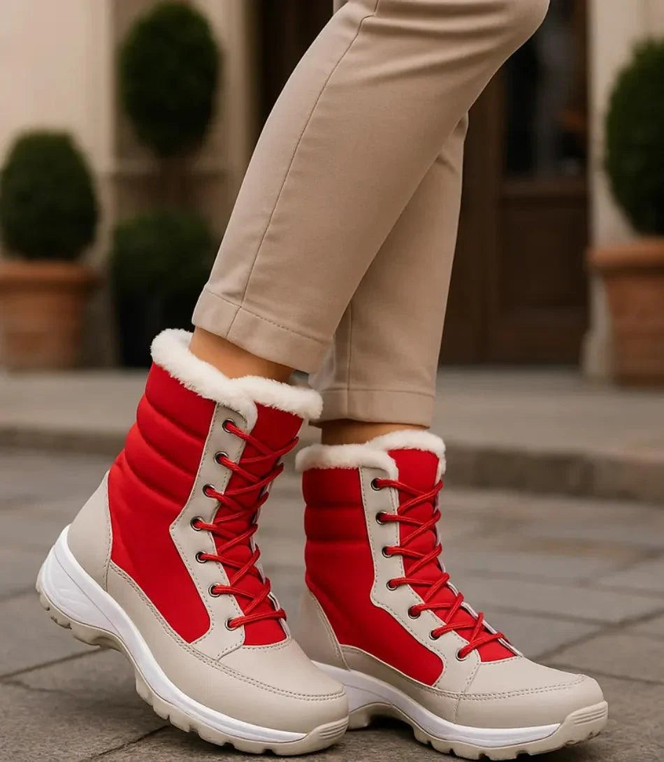Women's navy mid-calf winter boots with thermal lining and lace-up front