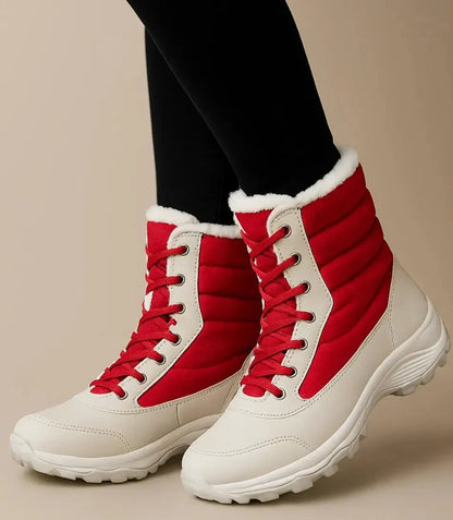 Red lace-up winter boots for women with thick thermal lining and deep tread sole