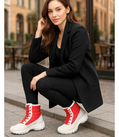 Women's black and white snow boots with fur trim collar and quilted waterproof shaft