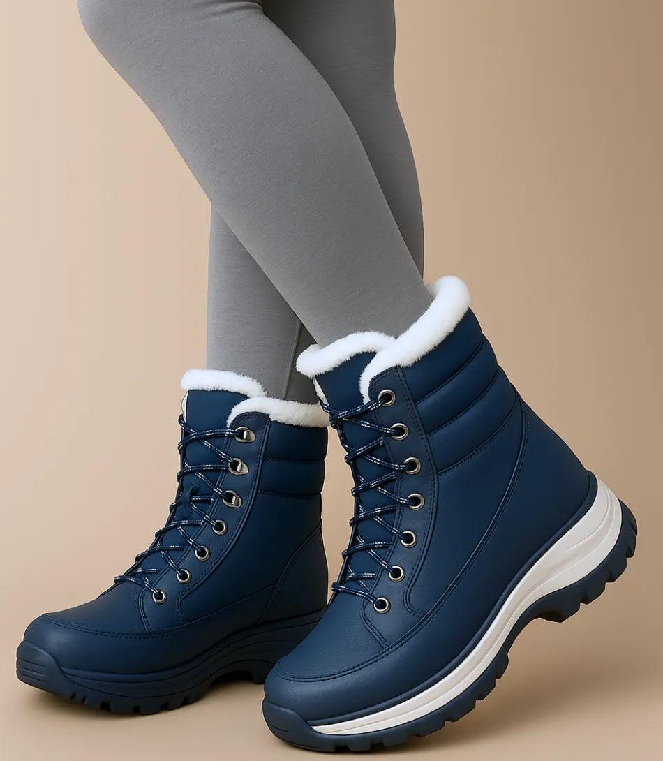 Close-up of fur trim collar detail on women's waterproof snow boots