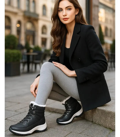 Kira women's waterproof snow boots in ivory with fur trim and lace-up closure