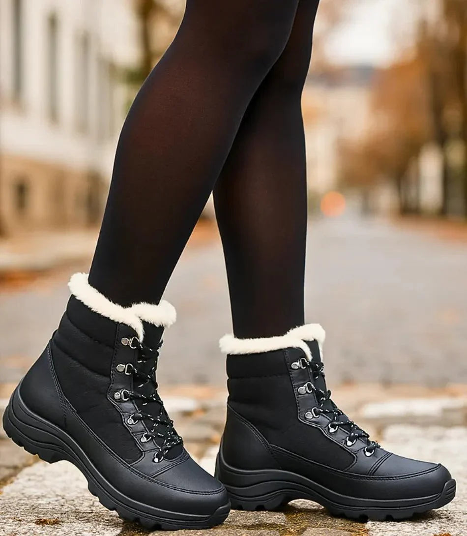 Women's lace-up winter boots in ivory — deep tread outsole for icy terrain