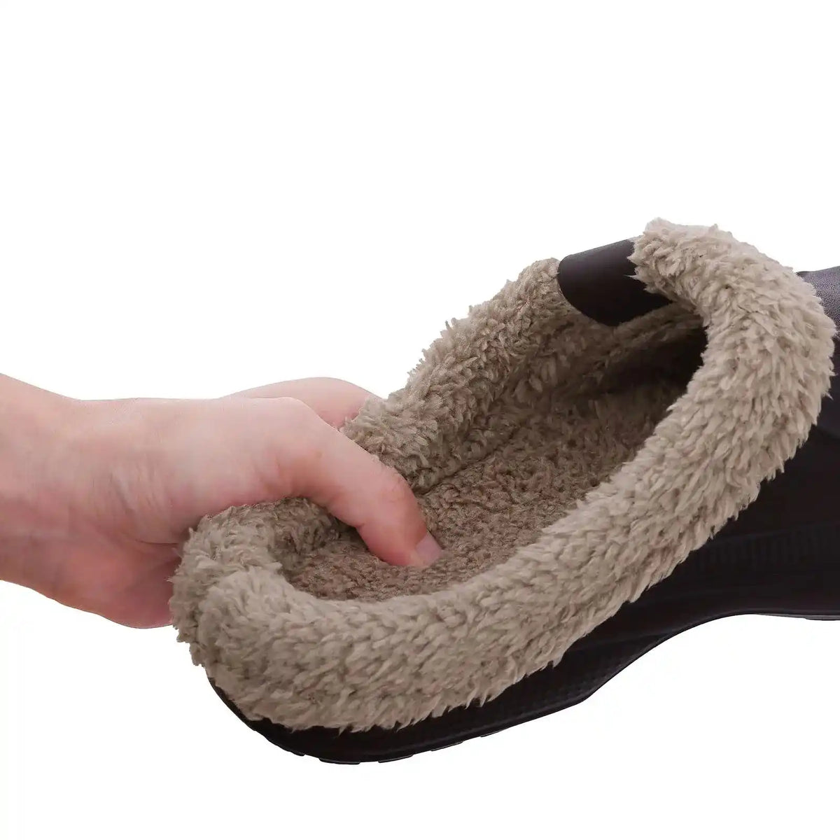 Close-up of soft short-plush inner lining inside Wren warm slippers