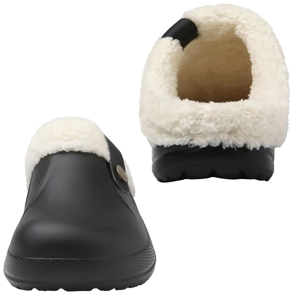 Person wearing Wren plush-lined winter slippers on indoor flooring